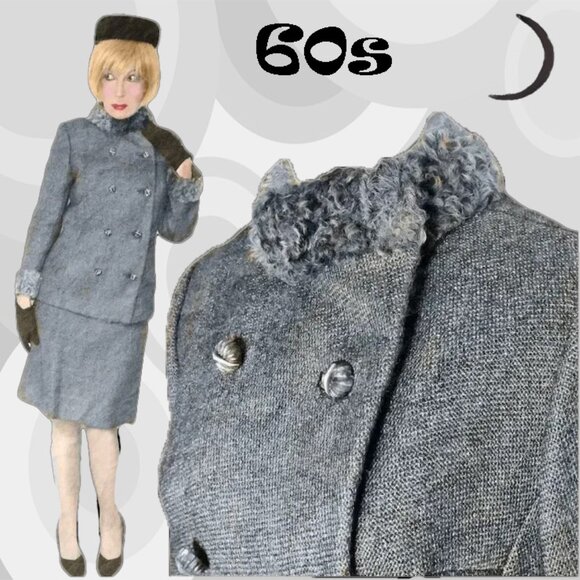 Vintage Dresses & Skirts - Pencil Skirt Suit with Curly Lamb Collar Cuffs, 60s Vintage Chic HIgh Fashion